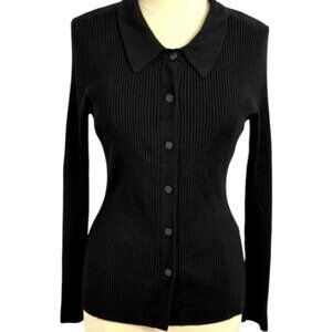White House Black Market Long Sleeve Collared Button Ribbed Cardigan | Small